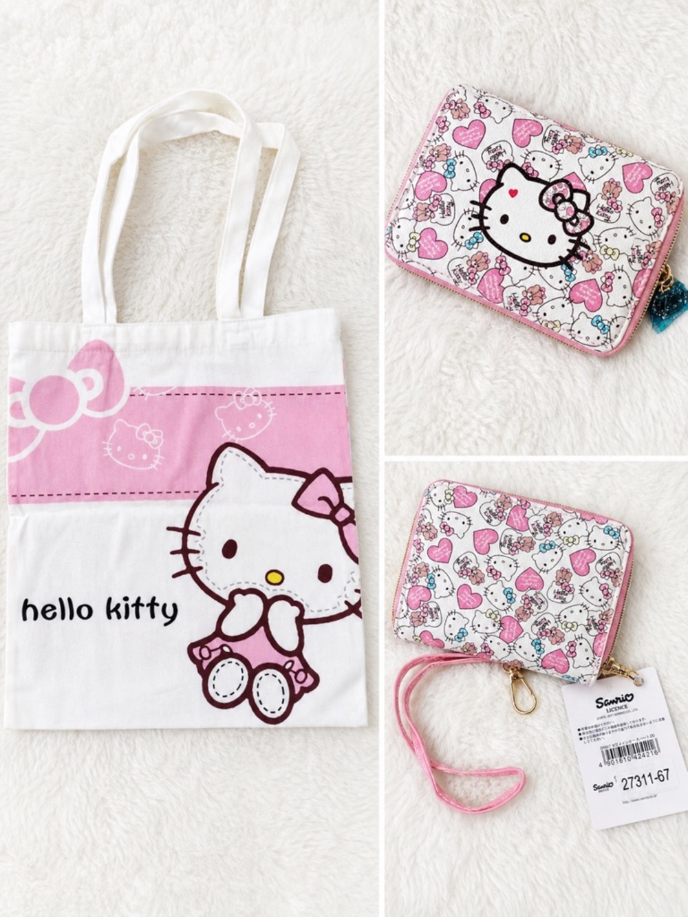 Hello Kitty Tote Bag and Zip Wallet Wristlet Set Sanrio Pink White Kawaii